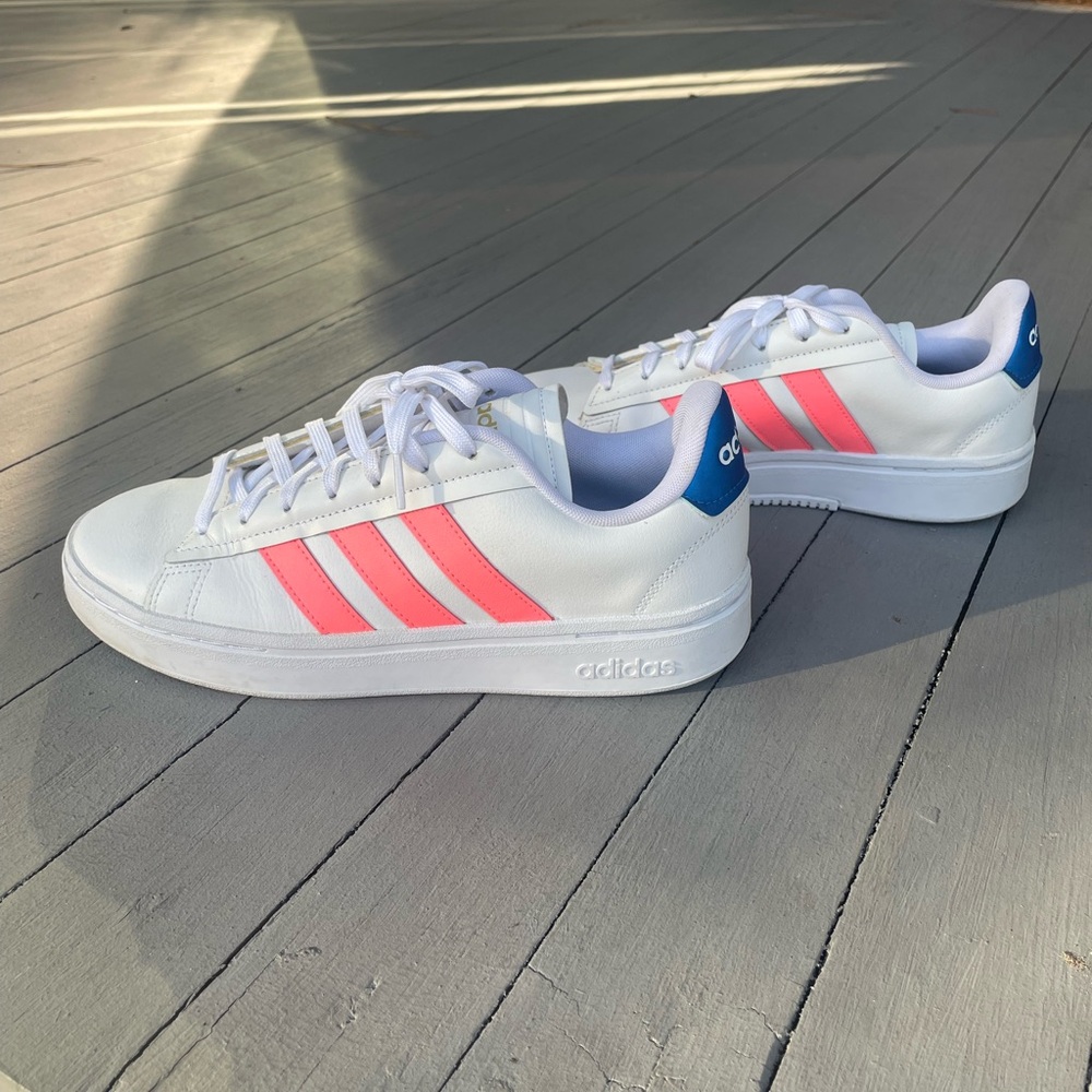Adidas Women's White and Pink Striped Sneakers